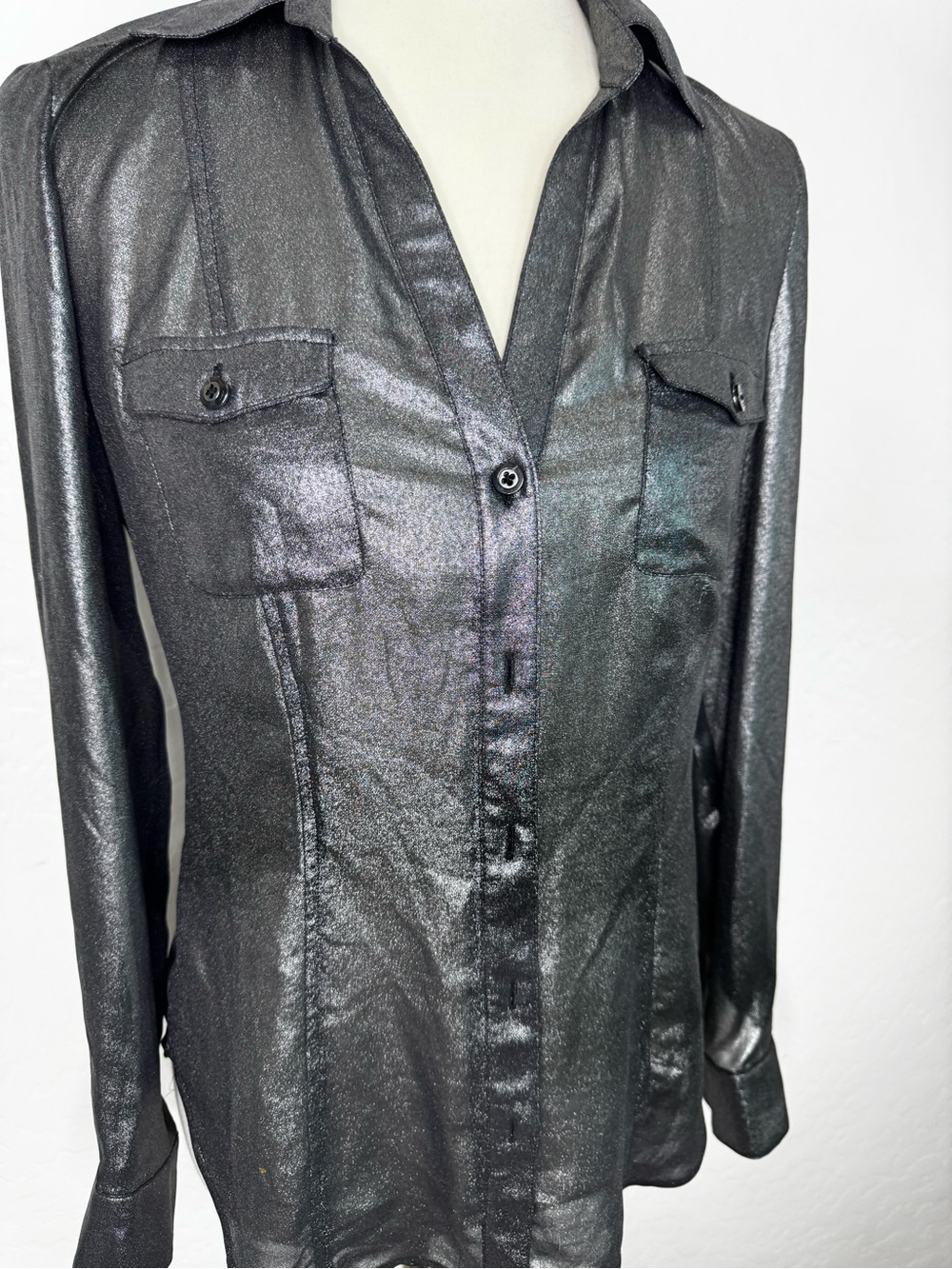 Caché Metallic Silver Long-Sleeve Button Front Blouse - Picture 2 of 3